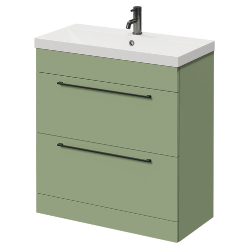 Napoli Olive Green 800mm Floor Standing Vanity Unit with 1 Tap Hole Slim Edge Basin and 2 Drawers with Gunmetal Grey Handles Right Hand View