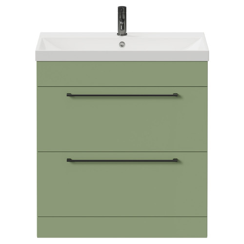 Napoli Olive Green 800mm Floor Standing Vanity Unit with 1 Tap Hole Slim Edge Basin and 2 Drawers with Gunmetal Grey Handles Front View