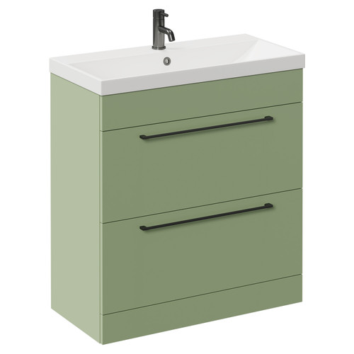 Napoli Olive Green 800mm Floor Standing Vanity Unit with 1 Tap Hole Slim Edge Basin and 2 Drawers with Gunmetal Grey Handles Left Hand View