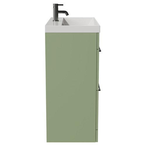 Napoli Olive Green 800mm Floor Standing Vanity Unit with 1 Tap Hole Slim Edge Basin and 2 Drawers with Gunmetal Grey Handles Side View