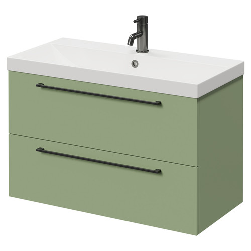 Napoli Olive Green 800mm Wall Mounted Vanity Unit with 1 Tap Hole Slim Edge Basin and 2 Drawers with Gunmetal Grey Handles Right Hand View