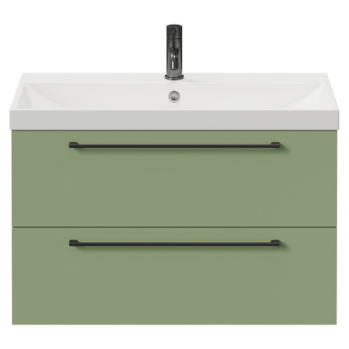 Napoli Olive Green 800mm Wall Mounted Vanity Unit with 1 Tap Hole Slim Edge Basin and 2 Drawers with Gunmetal Grey Handles Front View