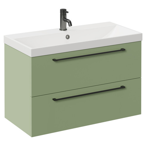 Napoli Olive Green 800mm Wall Mounted Vanity Unit with 1 Tap Hole Slim Edge Basin and 2 Drawers with Gunmetal Grey Handles Left Hand View