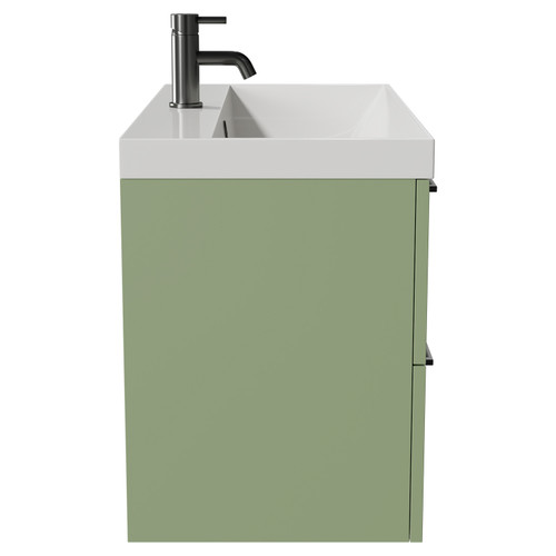 Napoli Olive Green 800mm Wall Mounted Vanity Unit with 1 Tap Hole Slim Edge Basin and 2 Drawers with Gunmetal Grey Handles Side View