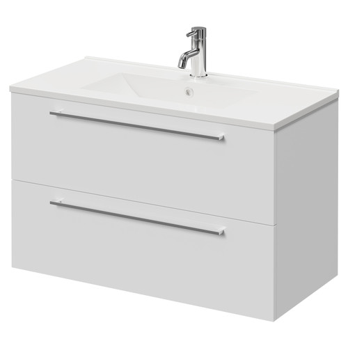 Napoli Gloss White 800mm Wall Mounted Vanity Unit with 1 Tap Hole Minimalist Basin and 2 Drawers with Chrome Handles Right Hand View