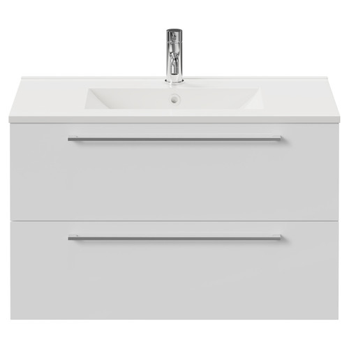 Napoli Gloss White 800mm Wall Mounted Vanity Unit with 1 Tap Hole Minimalist Basin and 2 Drawers with Chrome Handles Front View