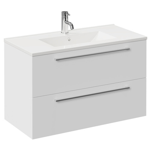 Napoli Gloss White 800mm Wall Mounted Vanity Unit with 1 Tap Hole Minimalist Basin and 2 Drawers with Chrome Handles Left Hand View