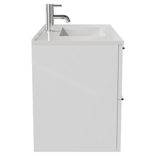 Napoli Gloss White 800mm Wall Mounted Vanity Unit with 1 Tap Hole Minimalist Basin and 2 Drawers with Chrome Handles Side View