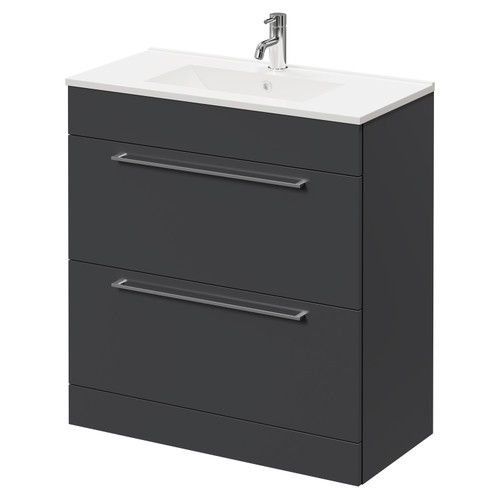 Napoli Gloss Grey 800mm Floor Standing Vanity Unit with 1 Tap Hole Minimalist Basin and 2 Drawers with Chrome Handles Right Hand View