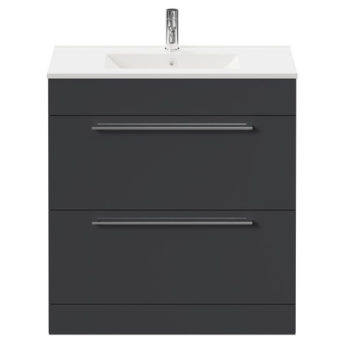 Napoli Gloss Grey 800mm Floor Standing Vanity Unit with 1 Tap Hole Minimalist Basin and 2 Drawers with Chrome Handles Front View