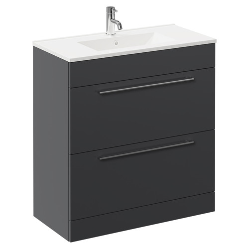 Napoli Gloss Grey 800mm Floor Standing Vanity Unit with 1 Tap Hole Minimalist Basin and 2 Drawers with Chrome Handles Left Hand View