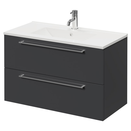 Napoli Gloss Grey 800mm Wall Mounted Vanity Unit with 1 Tap Hole Minimalist Basin and 2 Drawers with Chrome Handles Right Hand View