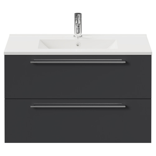 Napoli Gloss Grey 800mm Wall Mounted Vanity Unit with 1 Tap Hole Minimalist Basin and 2 Drawers with Chrome Handles Front View