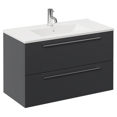 Napoli Gloss Grey 800mm Wall Mounted Vanity Unit with 1 Tap Hole Minimalist Basin and 2 Drawers with Chrome Handles Left Hand View