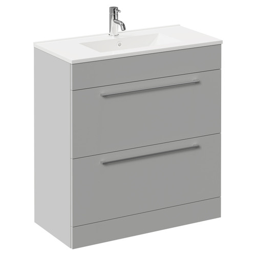 Napoli Gloss Grey Pearl 800mm Floor Standing Vanity Unit with 1 Tap Hole Minimalist Basin and 2 Drawers with Chrome Handles Left Hand View