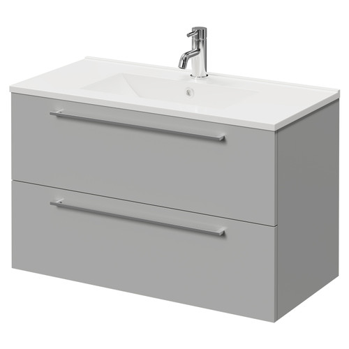 Napoli Gloss Grey Pearl 800mm Wall Mounted Vanity Unit with 1 Tap Hole Minimalist Basin and 2 Drawers with Chrome Handles Right Hand View