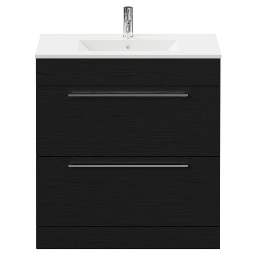 Napoli Nero Oak 800mm Floor Standing Vanity Unit with 1 Tap Hole Minimalist Basin and 2 Drawers with Chrome Handles Front View
