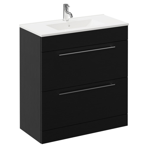 Napoli Nero Oak 800mm Floor Standing Vanity Unit with 1 Tap Hole Minimalist Basin and 2 Drawers with Chrome Handles Left Hand View