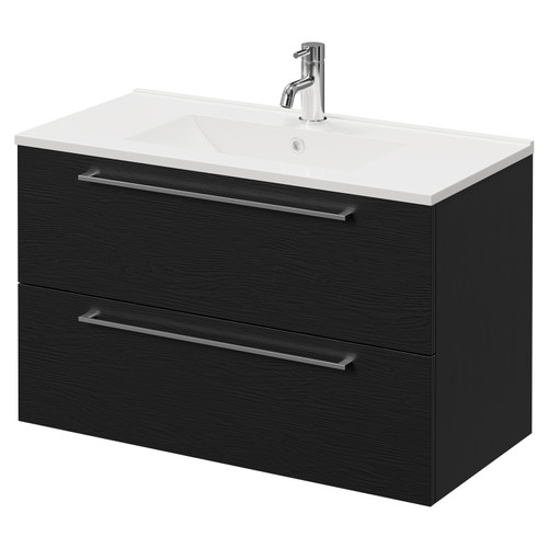 Napoli Nero Oak 800mm Wall Mounted Vanity Unit with 1 Tap Hole Minimalist Basin and 2 Drawers with Chrome Handles Right Hand View