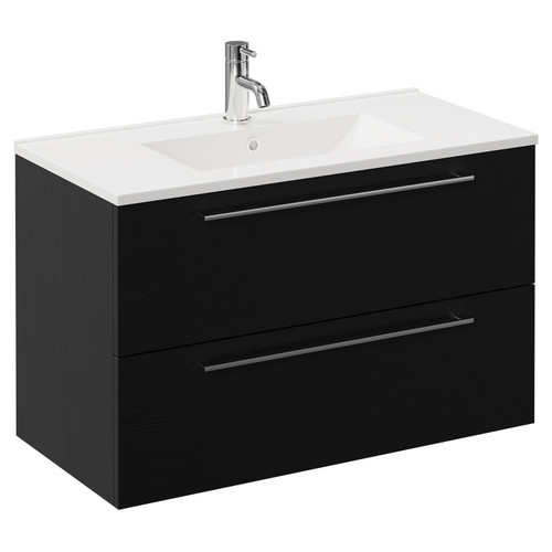 Napoli Nero Oak 800mm Wall Mounted Vanity Unit with 1 Tap Hole Minimalist Basin and 2 Drawers with Chrome Handles Left Hand View