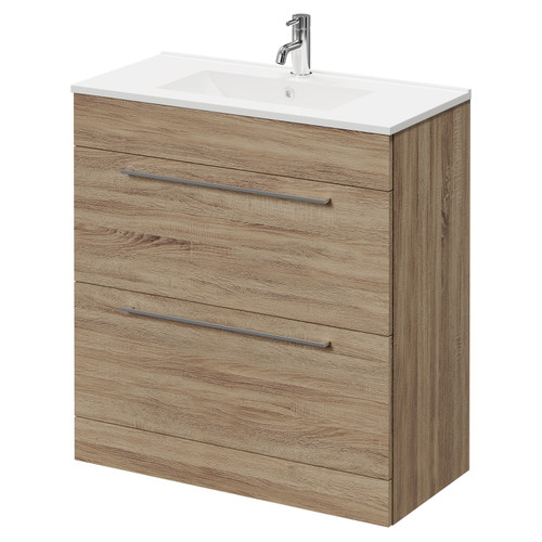 Napoli Bordalino Oak 800mm Floor Standing Vanity Unit with 1 Tap Hole Minimalist Basin and 2 Drawers with Chrome Handles Right Hand View