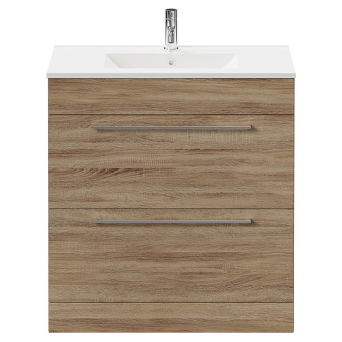 Napoli Bordalino Oak 800mm Floor Standing Vanity Unit with 1 Tap Hole Minimalist Basin and 2 Drawers with Chrome Handles Front View