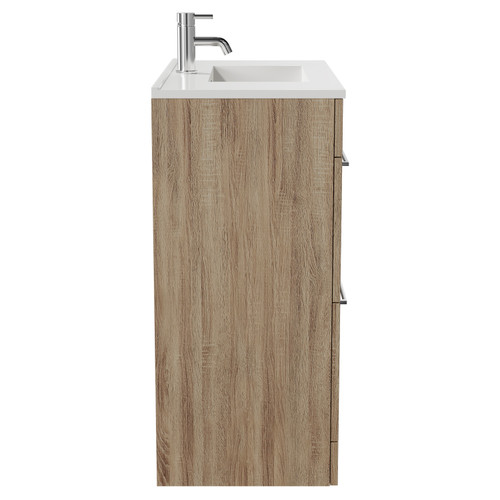 Napoli Bordalino Oak 800mm Floor Standing Vanity Unit with 1 Tap Hole Minimalist Basin and 2 Drawers with Chrome Handles Side View