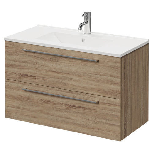 Napoli Bordalino Oak 800mm Wall Mounted Vanity Unit with 1 Tap Hole Minimalist Basin and 2 Drawers with Chrome Handles Right Hand View