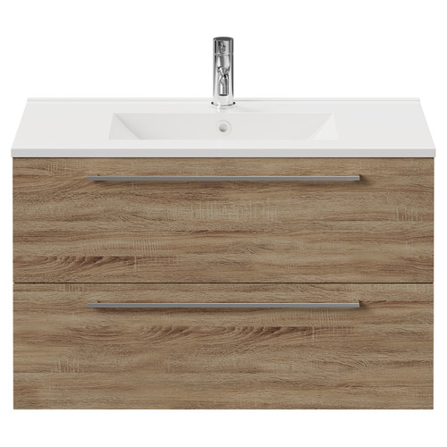 Napoli Bordalino Oak 800mm Wall Mounted Vanity Unit with 1 Tap Hole Minimalist Basin and 2 Drawers with Chrome Handles Front View