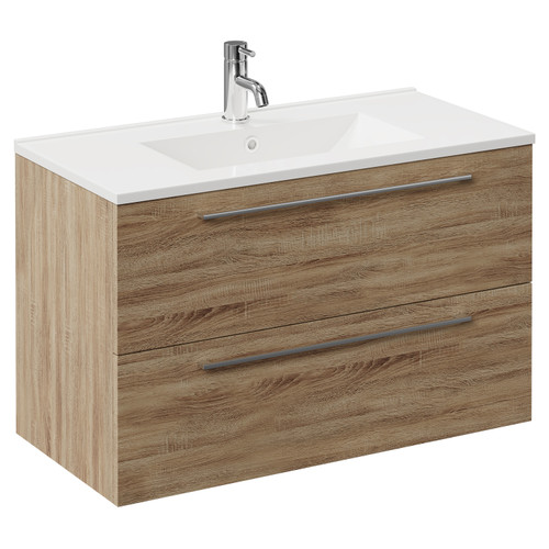 Napoli Bordalino Oak 800mm Wall Mounted Vanity Unit with 1 Tap Hole Minimalist Basin and 2 Drawers with Chrome Handles Left Hand View