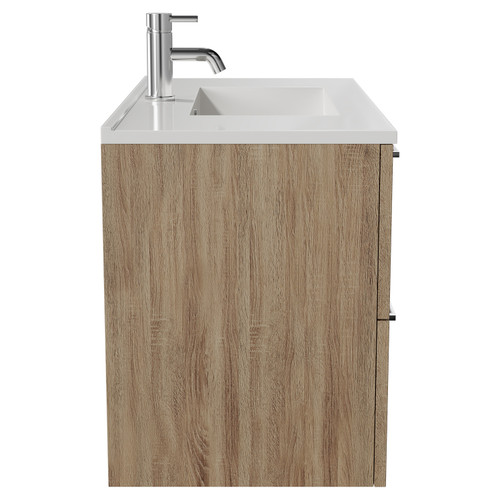 Napoli Bordalino Oak 800mm Wall Mounted Vanity Unit with 1 Tap Hole Minimalist Basin and 2 Drawers with Chrome Handles Side View
