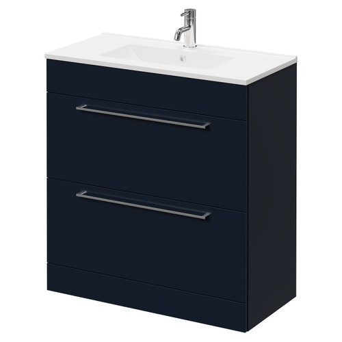 Napoli Deep Blue 800mm Floor Standing Vanity Unit with 1 Tap Hole Minimalist Basin and 2 Drawers with Chrome Handles Right Hand View