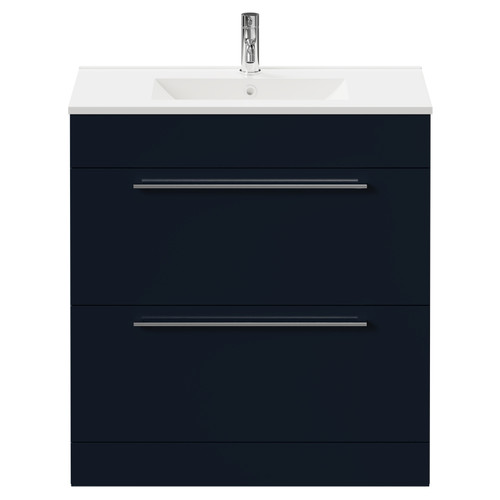 Napoli Deep Blue 800mm Floor Standing Vanity Unit with 1 Tap Hole Minimalist Basin and 2 Drawers with Chrome Handles Front View