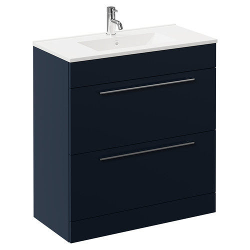 Napoli Deep Blue 800mm Floor Standing Vanity Unit with 1 Tap Hole Minimalist Basin and 2 Drawers with Chrome Handles Left Hand View