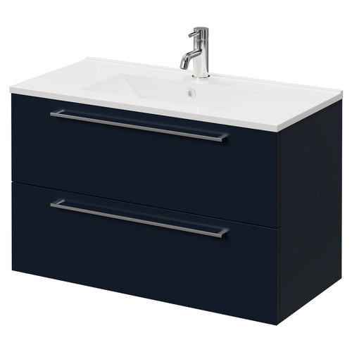 Napoli Deep Blue 800mm Wall Mounted Vanity Unit with 1 Tap Hole Minimalist Basin and 2 Drawers with Chrome Handles Right Hand View