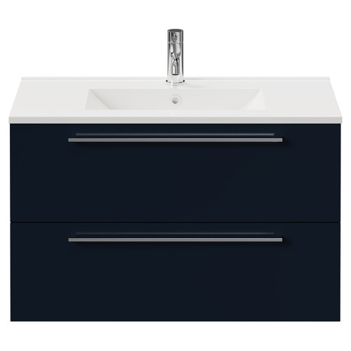 Napoli Deep Blue 800mm Wall Mounted Vanity Unit with 1 Tap Hole Minimalist Basin and 2 Drawers with Chrome Handles Front View