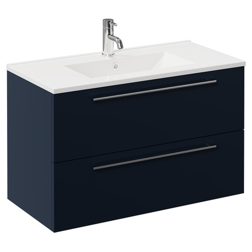 Napoli Deep Blue 800mm Wall Mounted Vanity Unit with 1 Tap Hole Minimalist Basin and 2 Drawers with Chrome Handles Left Hand View