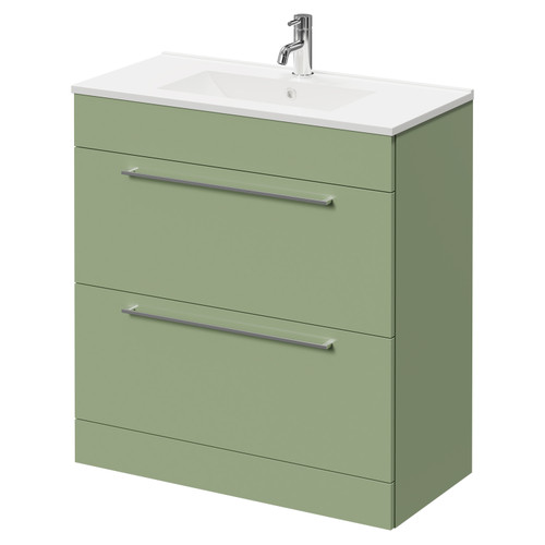 Napoli Olive Green 800mm Floor Standing Vanity Unit with 1 Tap Hole Minimalist Basin and 2 Drawers with Chrome Handles Right Hand View