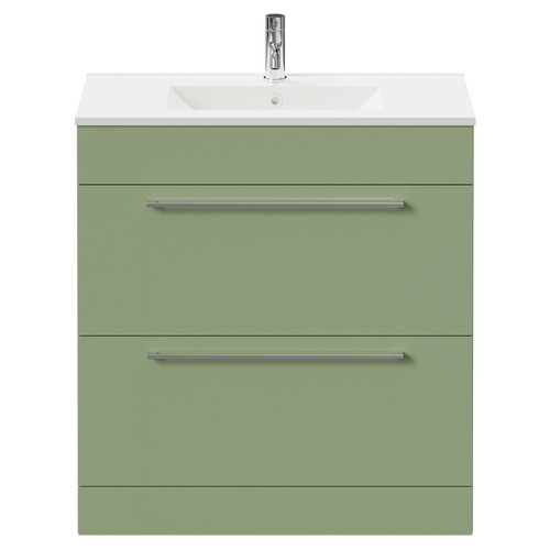 Napoli Olive Green 800mm Floor Standing Vanity Unit with 1 Tap Hole Minimalist Basin and 2 Drawers with Chrome Handles Front View