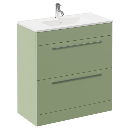 Napoli Olive Green 800mm Floor Standing Vanity Unit with 1 Tap Hole Minimalist Basin and 2 Drawers with Chrome Handles Left Hand View