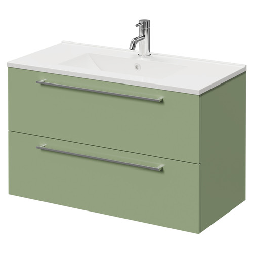 Napoli Olive Green 800mm Wall Mounted Vanity Unit with 1 Tap Hole Minimalist Basin and 2 Drawers with Chrome Handles Right Hand View
