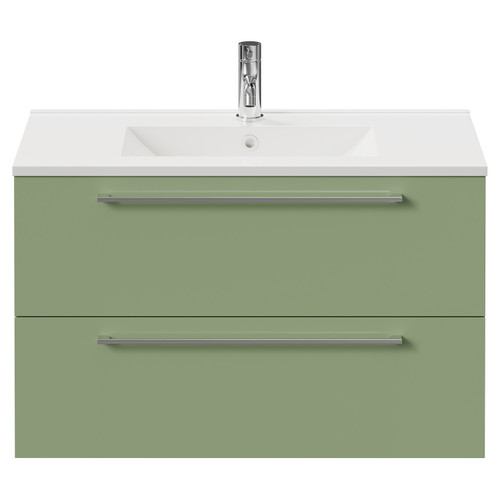 Napoli Olive Green 800mm Wall Mounted Vanity Unit with 1 Tap Hole Minimalist Basin and 2 Drawers with Chrome Handles Front View