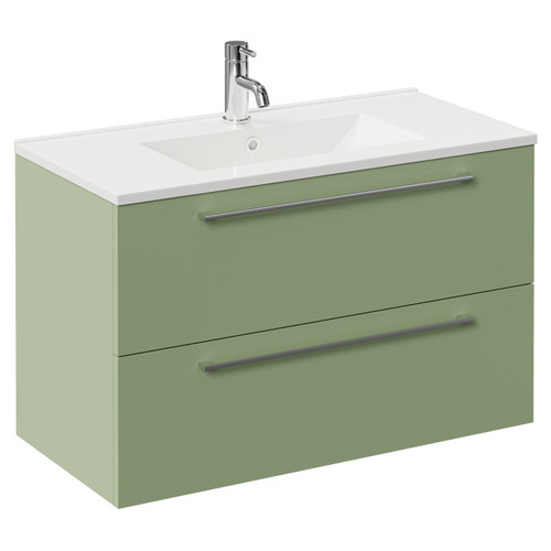 Napoli Olive Green 800mm Wall Mounted Vanity Unit with 1 Tap Hole Minimalist Basin and 2 Drawers with Chrome Handles Left Hand View