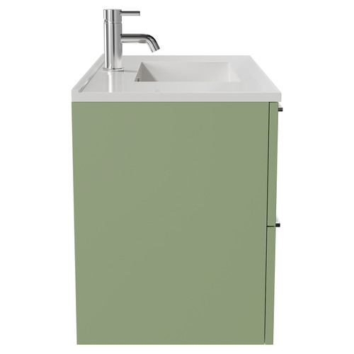 Napoli Olive Green 800mm Wall Mounted Vanity Unit with 1 Tap Hole Minimalist Basin and 2 Drawers with Chrome Handles Side View