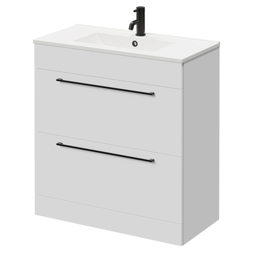 Napoli Gloss White 800mm Floor Standing Vanity Unit with 1 Tap Hole Minimalist Basin and 2 Drawers with Matt Black Handles Right Hand View