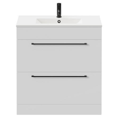 Napoli Gloss White 800mm Floor Standing Vanity Unit with 1 Tap Hole Minimalist Basin and 2 Drawers with Matt Black Handles Front View