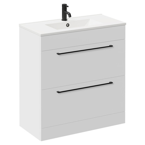 Napoli Gloss White 800mm Floor Standing Vanity Unit with 1 Tap Hole Minimalist Basin and 2 Drawers with Matt Black Handles Left Hand View