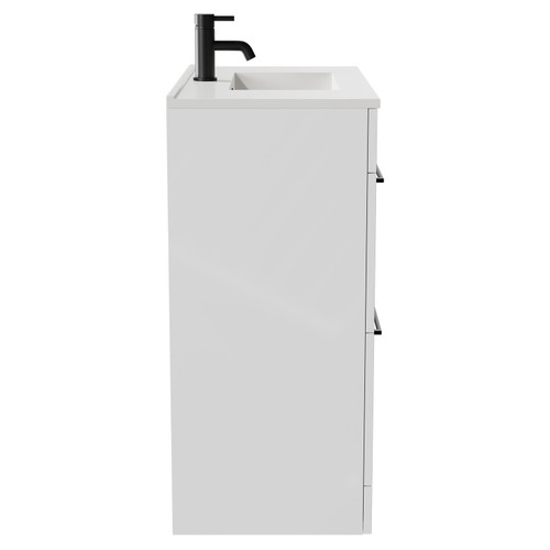 Napoli Gloss White 800mm Floor Standing Vanity Unit with 1 Tap Hole Minimalist Basin and 2 Drawers with Matt Black Handles Side View