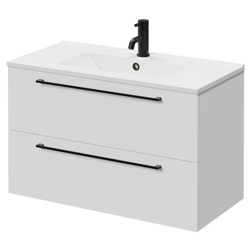 Napoli Gloss White 800mm Wall Mounted Vanity Unit with 1 Tap Hole Minimalist Basin and 2 Drawers with Matt Black Handles Right Hand View