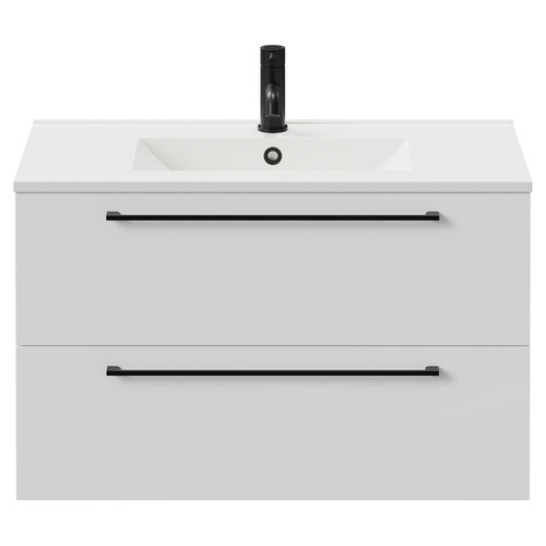 Napoli Gloss White 800mm Wall Mounted Vanity Unit with 1 Tap Hole Minimalist Basin and 2 Drawers with Matt Black Handles Front View